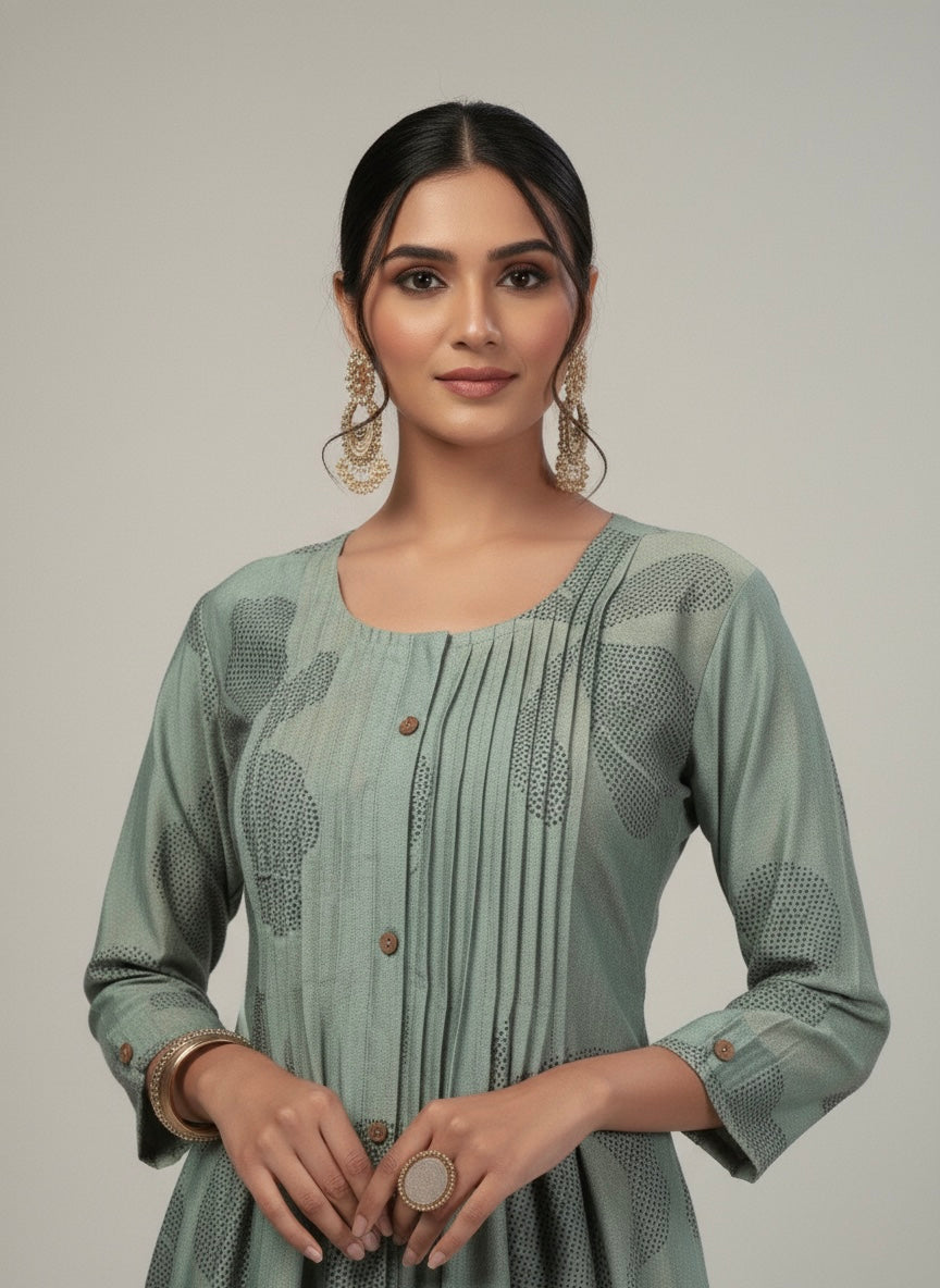 SAGE FLORAL PINTUCK MIDI SHIMMER KURTI (WITH COTTON LINING)