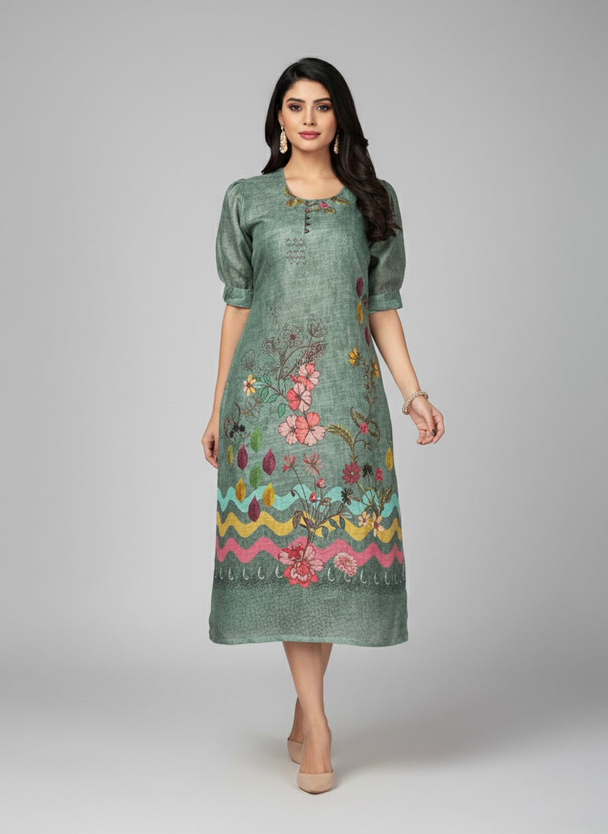 THE SLATE WAVE GREEN PUFF-SLEEVES SHIMMER KURTI (WITH COTTON LINING)