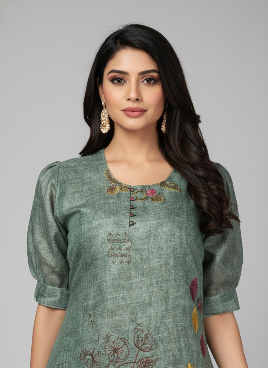 THE SLATE WAVE GREEN PUFF-SLEEVES SHIMMER KURTI (WITH COTTON LINING)