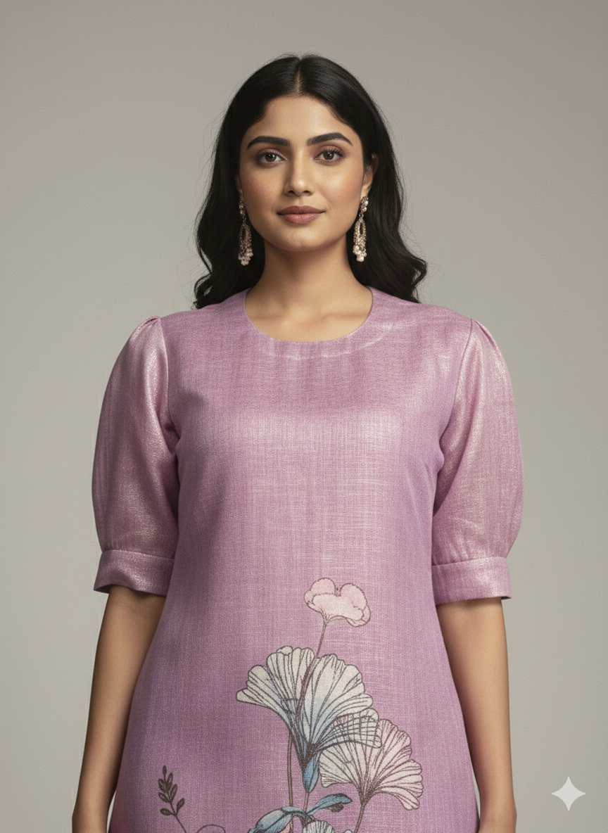 THE LILAC GOSSAMER PUFF-SLEEVES SHIMMER KURTI (WITH COTTON LINING)