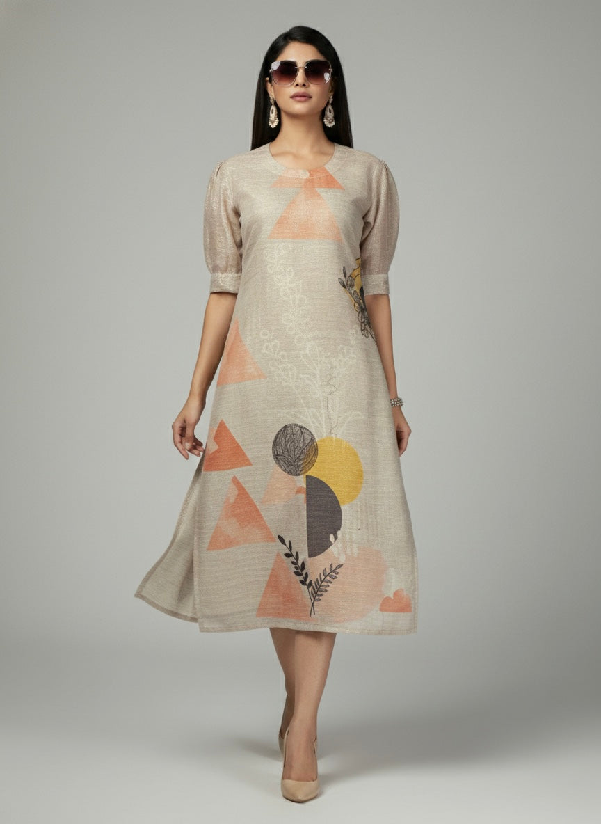 ABSTRACT GEOMETRIC LINEN MIDI PUFF-SLEEVES SHIMMER KURTI (WITH COTTON LINING)