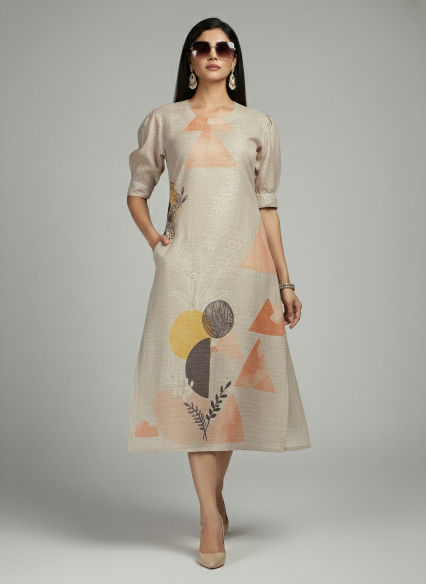 ABSTRACT GEOMETRIC LINEN MIDI PUFF-SLEEVES SHIMMER KURTI (WITH COTTON LINING)