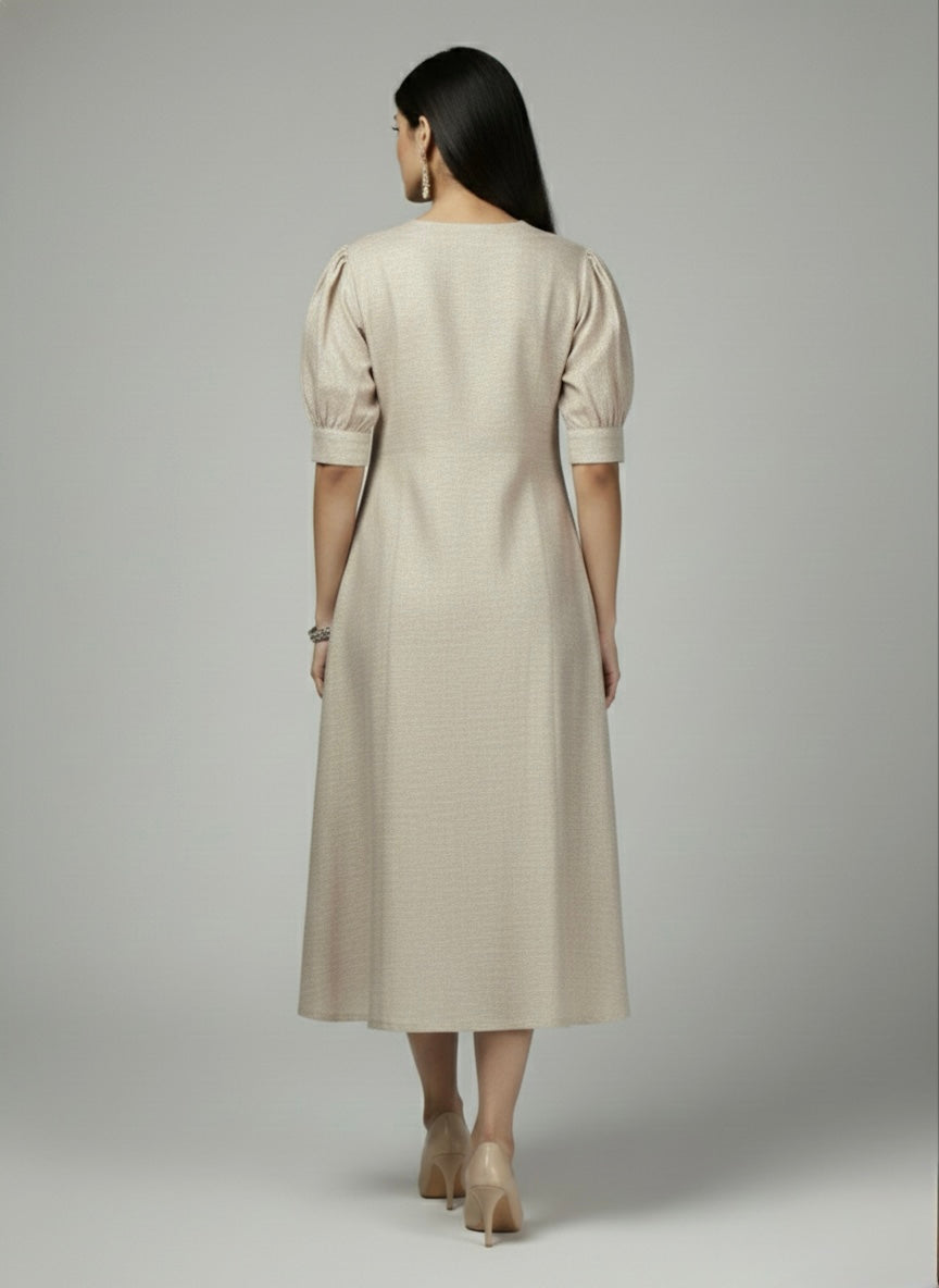 ABSTRACT GEOMETRIC LINEN MIDI PUFF-SLEEVES SHIMMER KURTI (WITH COTTON LINING)
