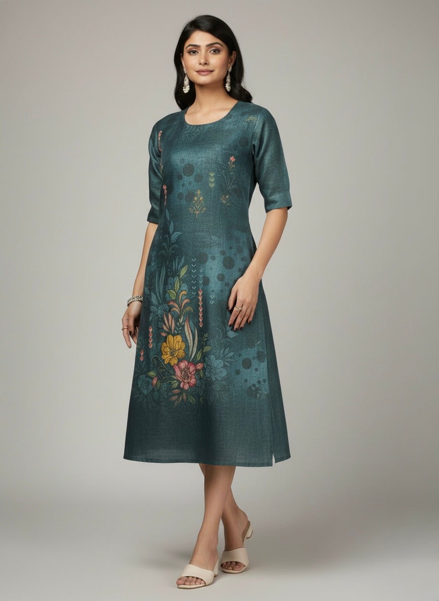 TEAL FLORAL FUSION TUNIC PUFF-SLEEVES SHIMMER KURTI (WITH COTTON LINING)