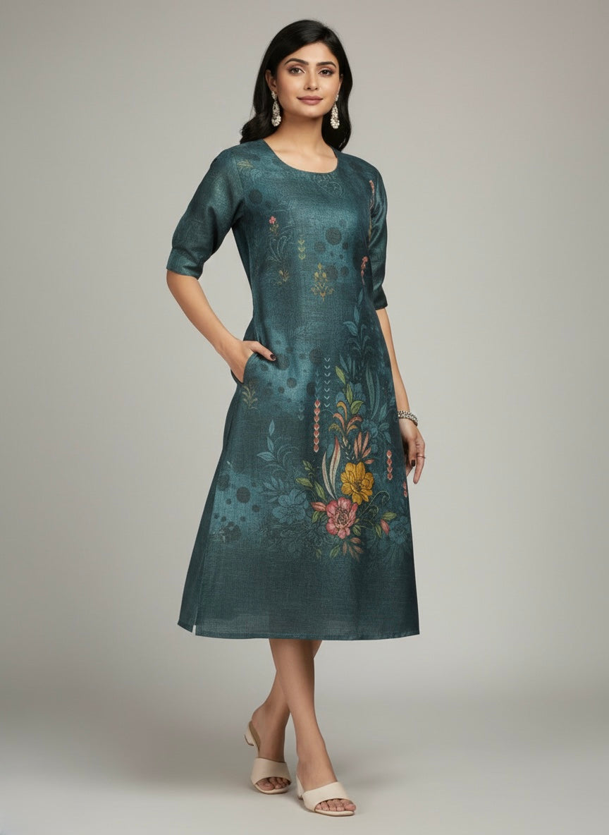 TEAL FLORAL FUSION TUNIC PUFF-SLEEVES SHIMMER KURTI (WITH COTTON LINING)