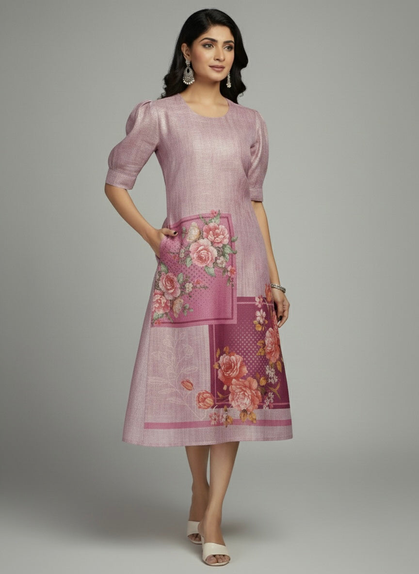 THE MAUVE MOSAIC GARDEN PUFF-SLEEVES SHIMMER KURTI (WITH COTTON LINING)