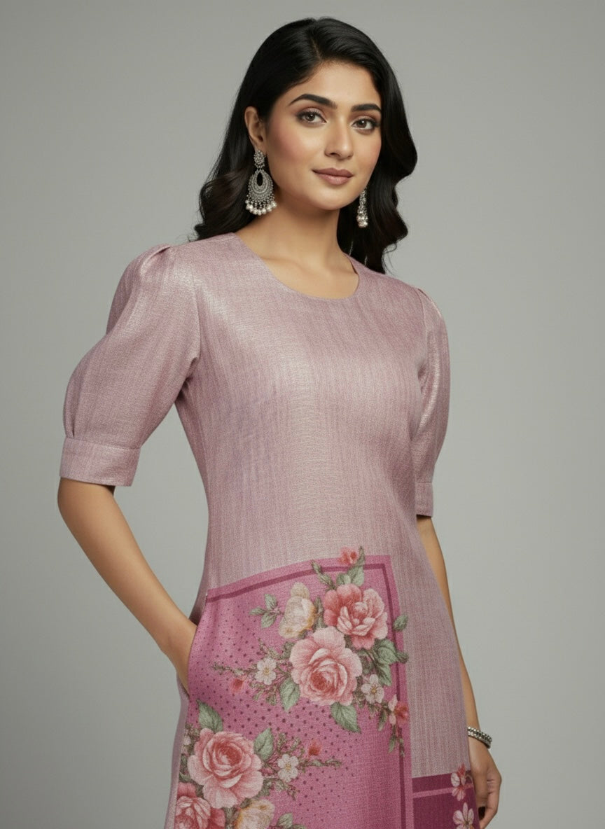 THE MAUVE MOSAIC GARDEN PUFF-SLEEVES SHIMMER KURTI (WITH COTTON LINING)