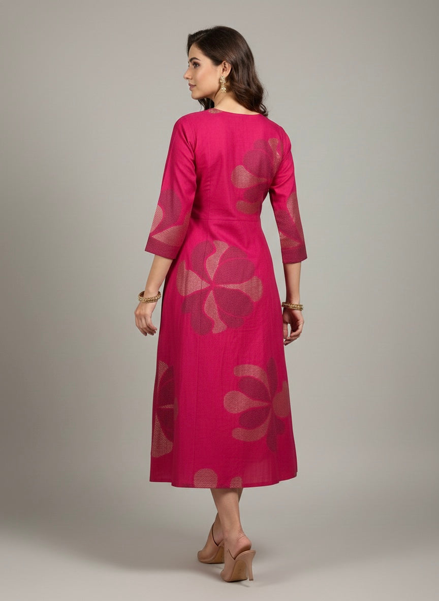 BERRY FLORAL PINTUCK MIDI SHIMMER KURTI (WITH COTTON LINING)