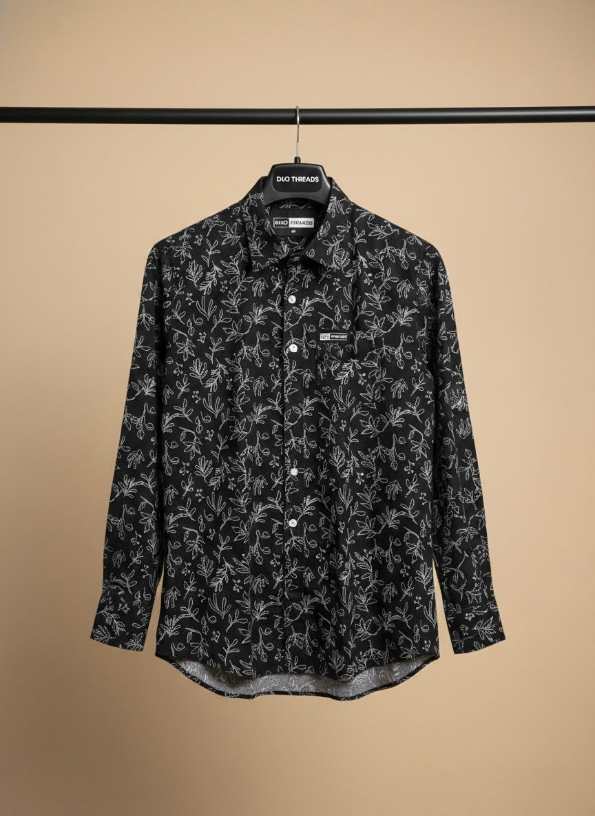 WHITE FLORAL ON BLACK SHIRT