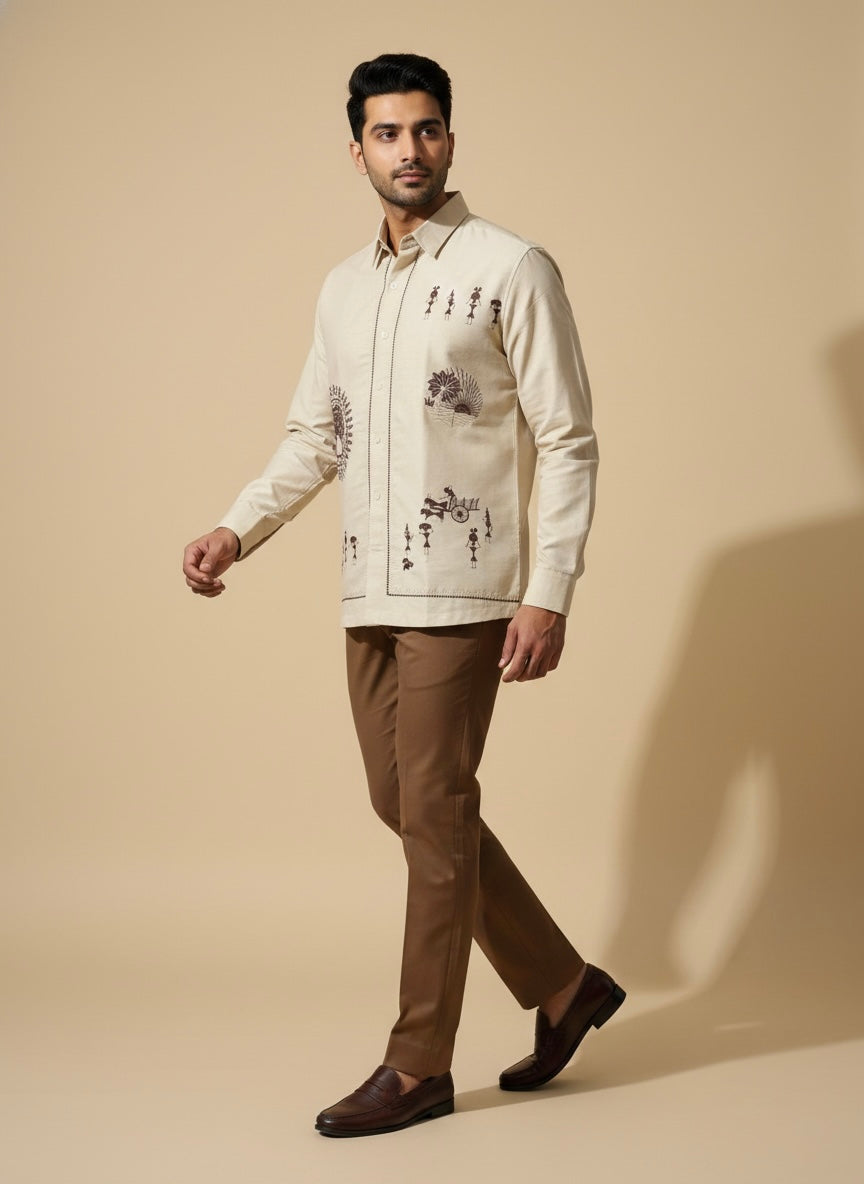 BEIGE ANCESTRAL BROWN EMBROIDERY THREADS SHIRT