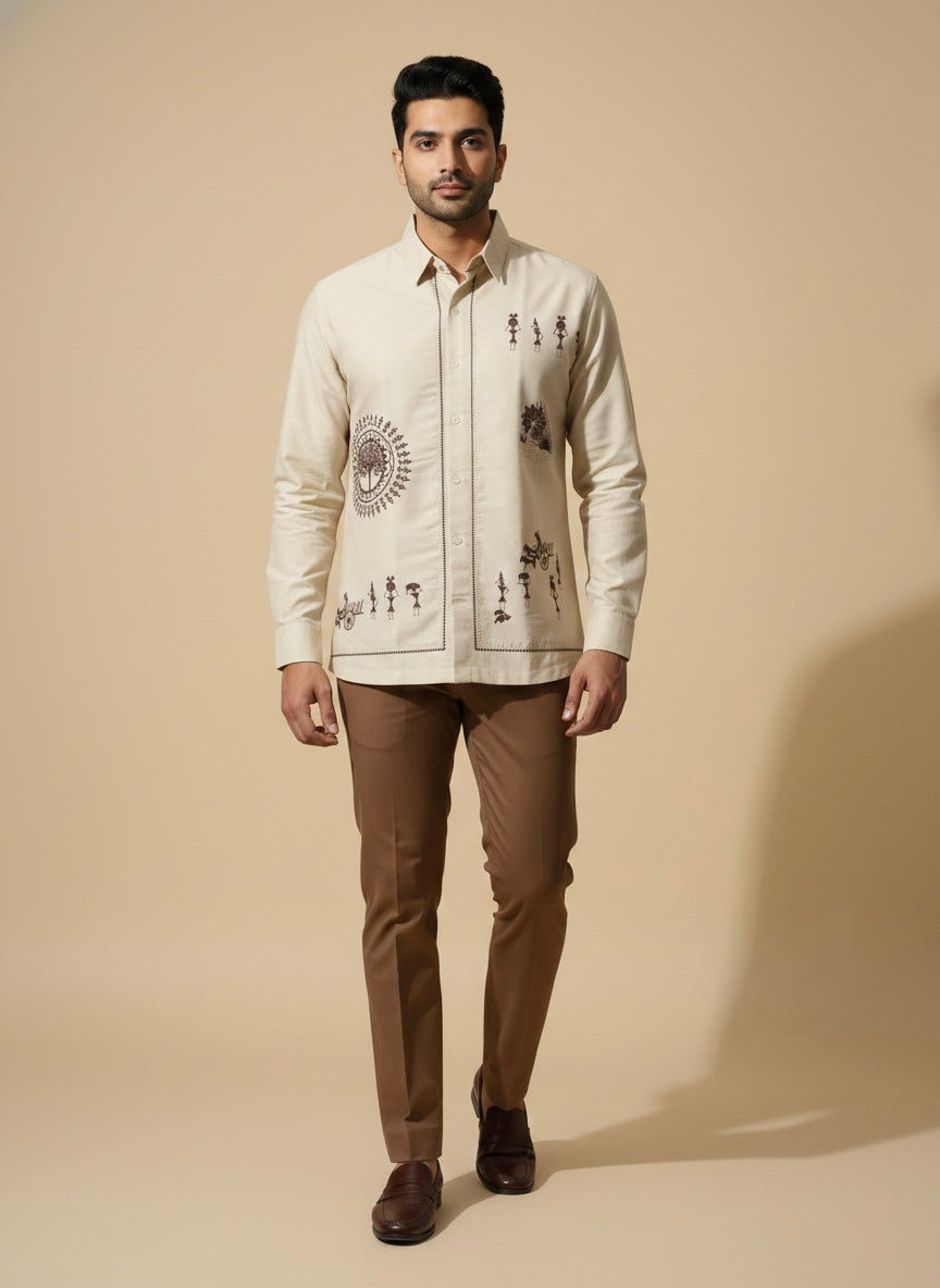 BEIGE ANCESTRAL BROWN EMBROIDERY THREADS SHIRT