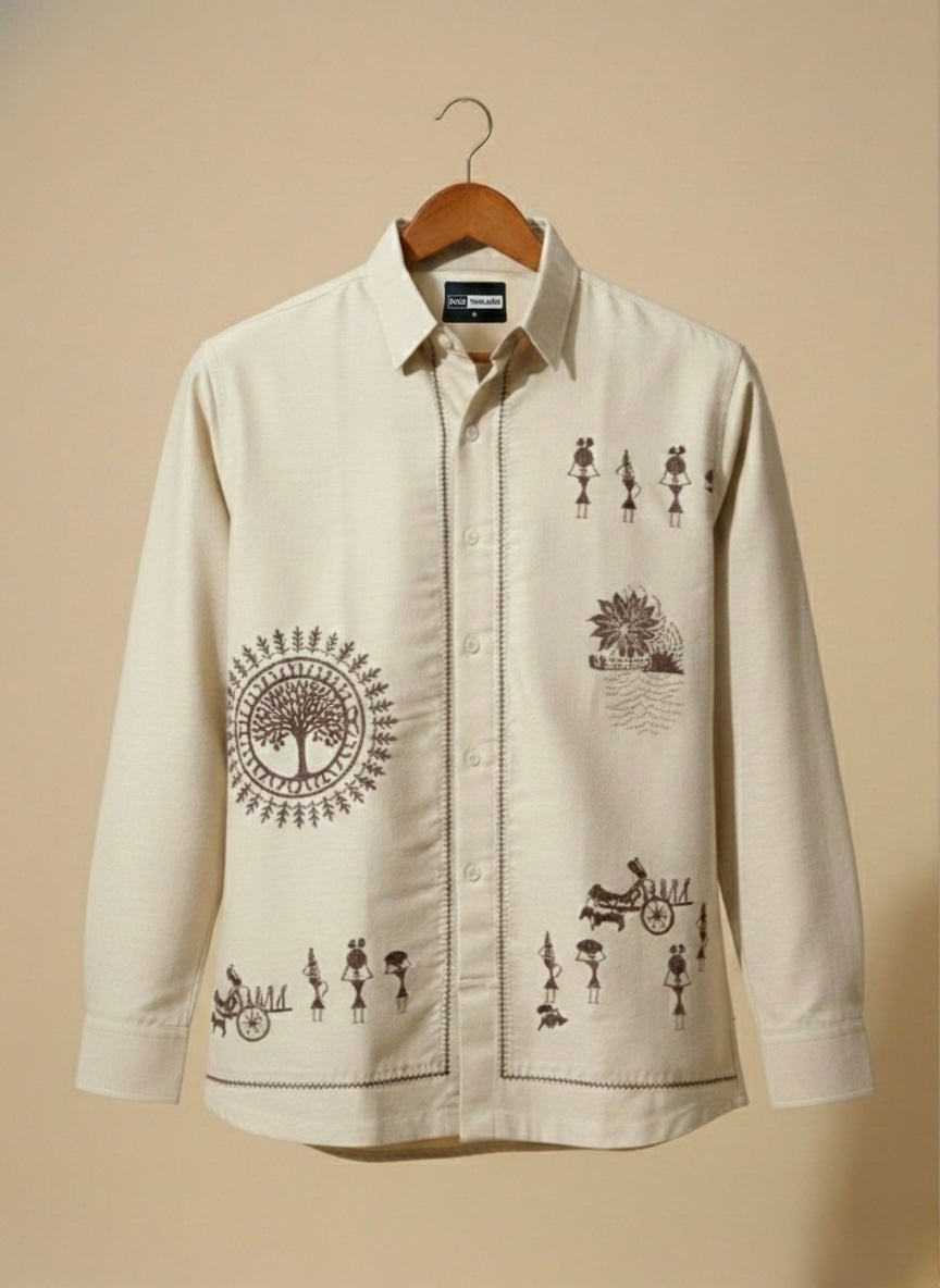 BEIGE ANCESTRAL BROWN EMBROIDERY THREADS SHIRT