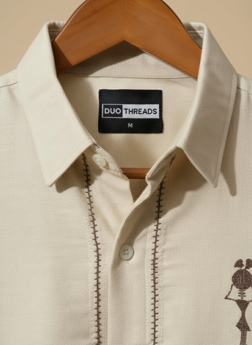BEIGE ANCESTRAL BROWN EMBROIDERY THREADS SHIRT