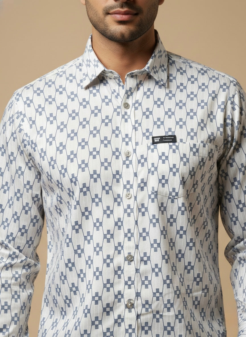 BLUE GEOMETRIC LATTICE PRINT SHIRT