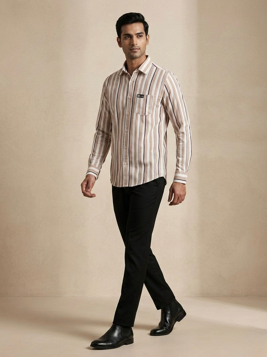 BEIGE MULTI WIDTH VERTICAL STRIPE POPCORN SHIRT