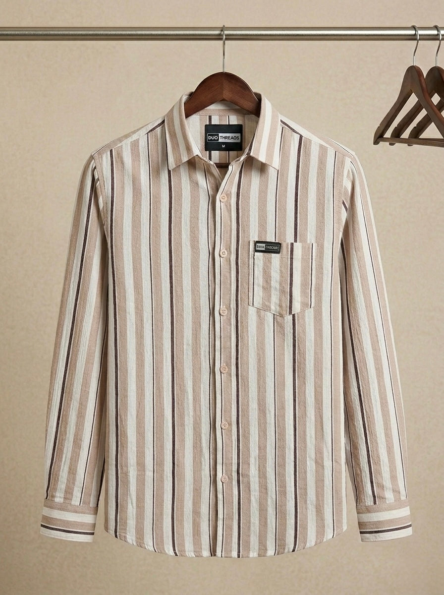 BEIGE MULTI WIDTH VERTICAL STRIPE POPCORN SHIRT
