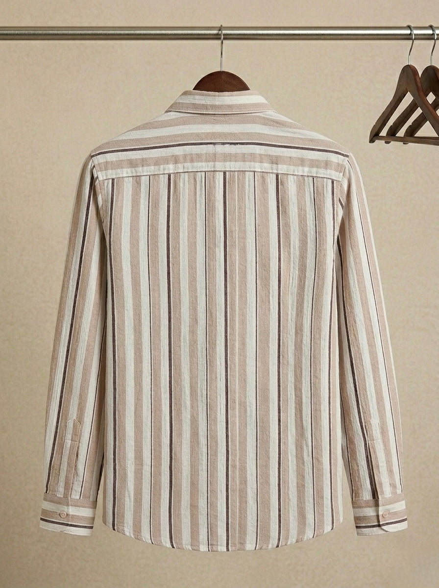 BEIGE MULTI WIDTH VERTICAL STRIPE POPCORN SHIRT