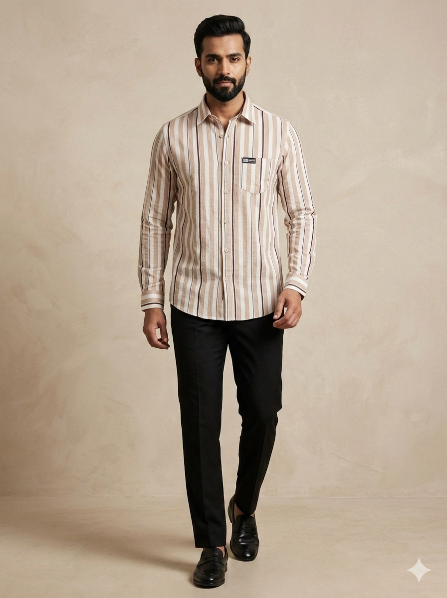 BEIGE MULTI WIDTH VERTICAL STRIPE POPCORN SHIRT
